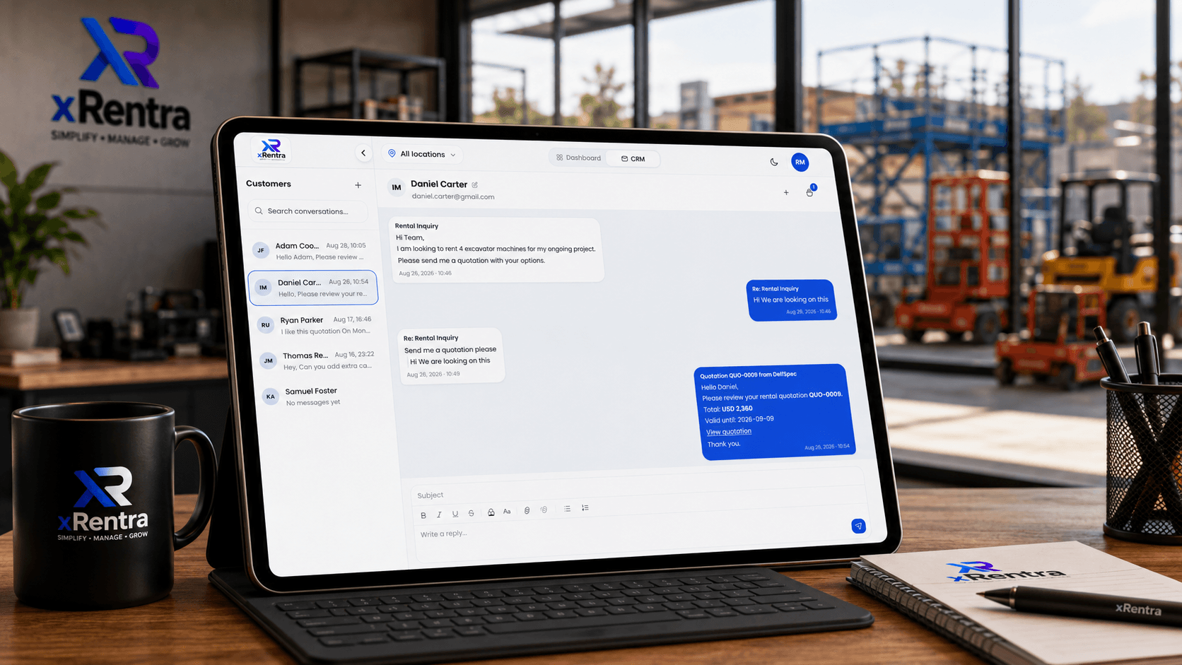 A tablet displaying a unified CRM inbox with multiple customer conversations in an organized view, set in a rental equipment business office.