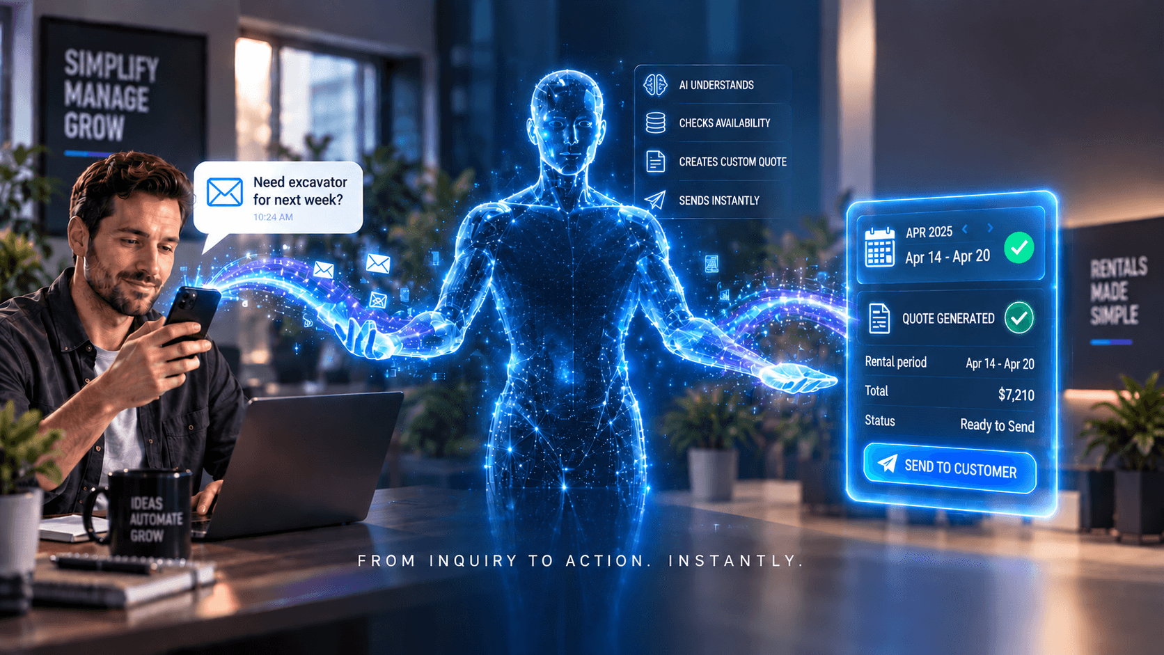 AI assistant automating customer inquiry workflow - understanding requests, checking availability, creating quotes, and sending responses instantly